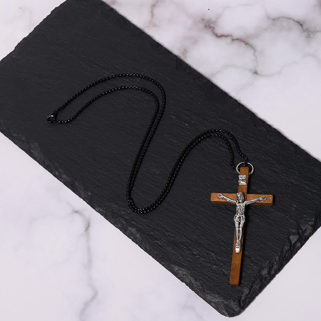 Collar con colgante de aleación con crucifijo estilo clásico artesanal de madera