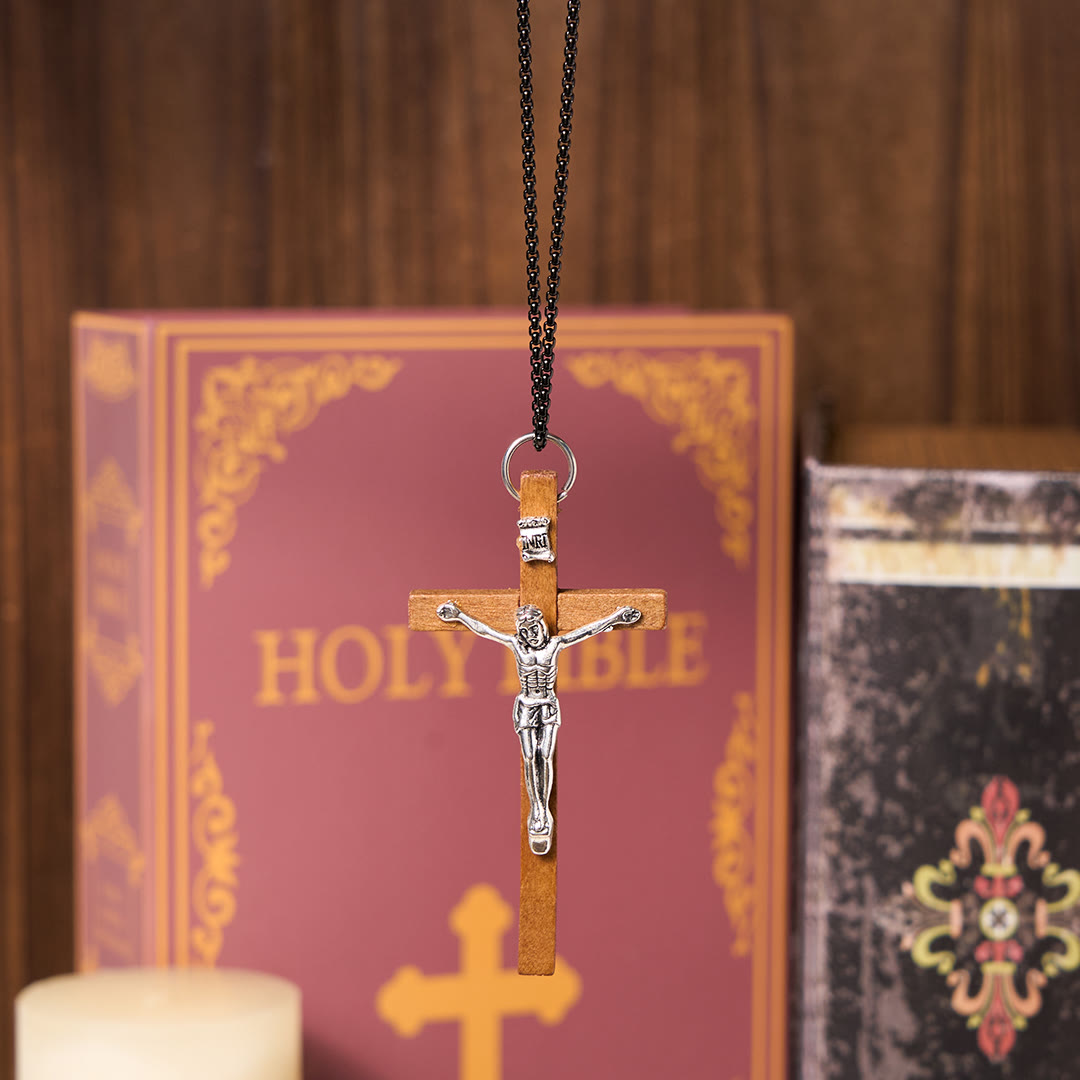 Collar con colgante de aleación con crucifijo estilo clásico artesanal de madera