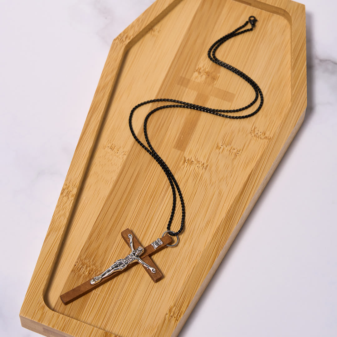 Collar con colgante de aleación con crucifijo estilo clásico artesanal de madera