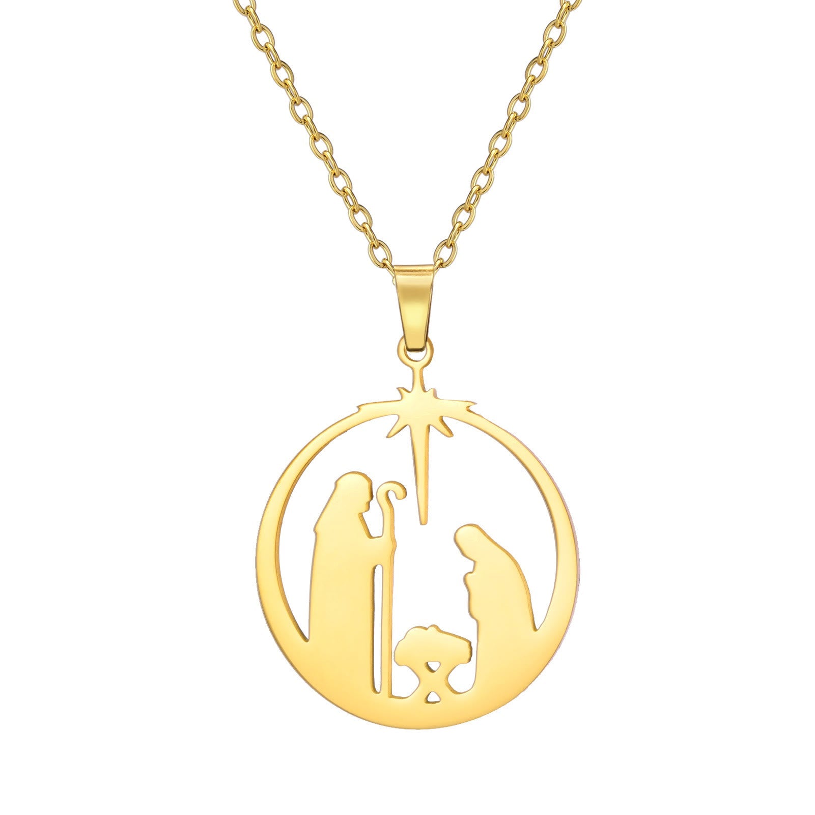 Collar moderno con el nacimiento de Jesús, estrella de Belén, escena de la Natividad, fe sagrada.