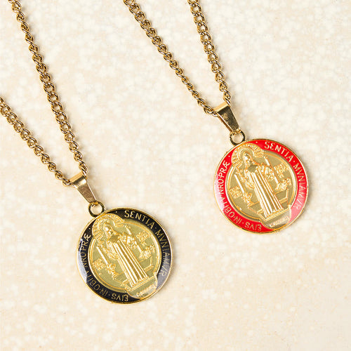 Collar con colgante de fe y protección con símbolo de San Benito estilo retro de 2 colores