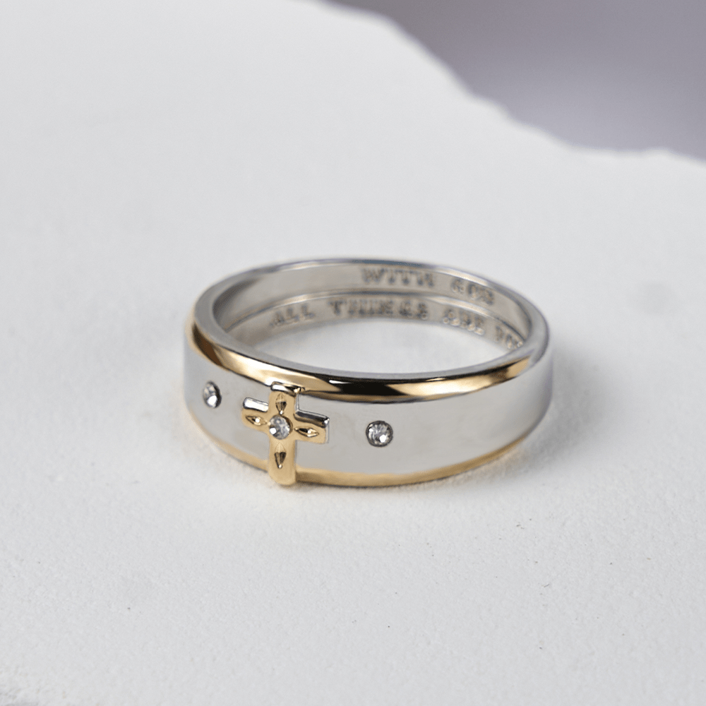 Anillo de aleación con cruz bidimensional de oro, estilo moderno (Hecho en Tierra Santa)