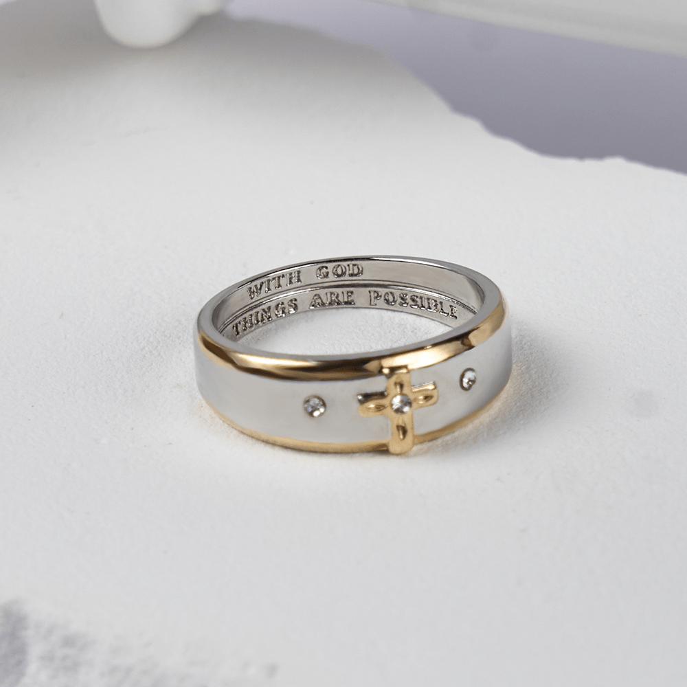 Anillo de aleación con cruz bidimensional de oro, estilo moderno (Hecho en Tierra Santa)