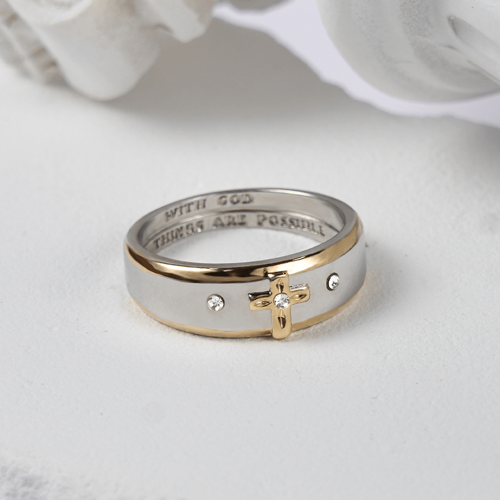 Anillo de aleación con cruz bidimensional de oro, estilo moderno (Hecho en Tierra Santa)