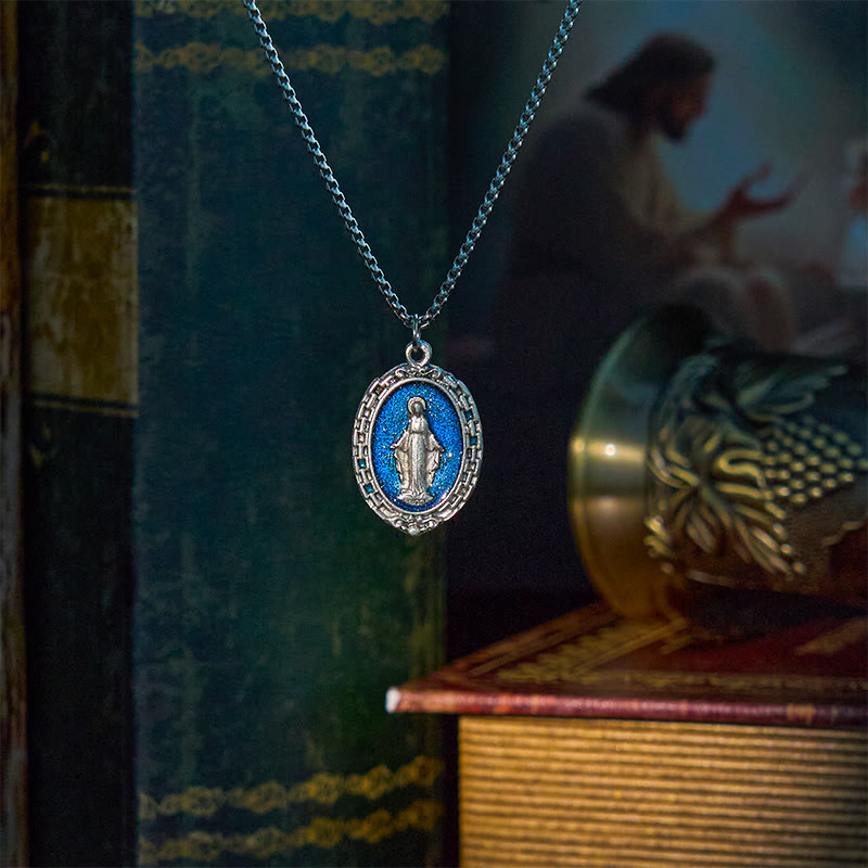 Collar con colgante de esmalte en relieve de Medalla Milagrosa Sagrada de estilo clásico