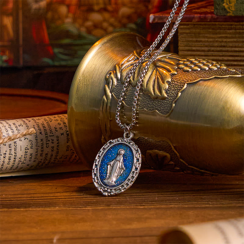 Collar con colgante de esmalte en relieve de Medalla Milagrosa Sagrada de estilo clásico