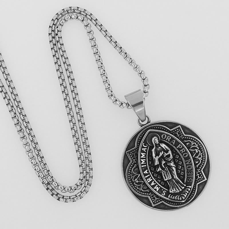 Collar con colgante redondo de estilo retro con patrón de la Virgen María