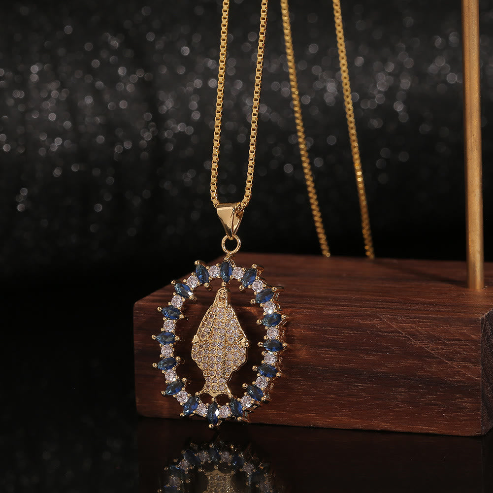 Collar con colgante de la Virgen de la Medalla Milagrosa con piedras preciosas, estilo de lujo
