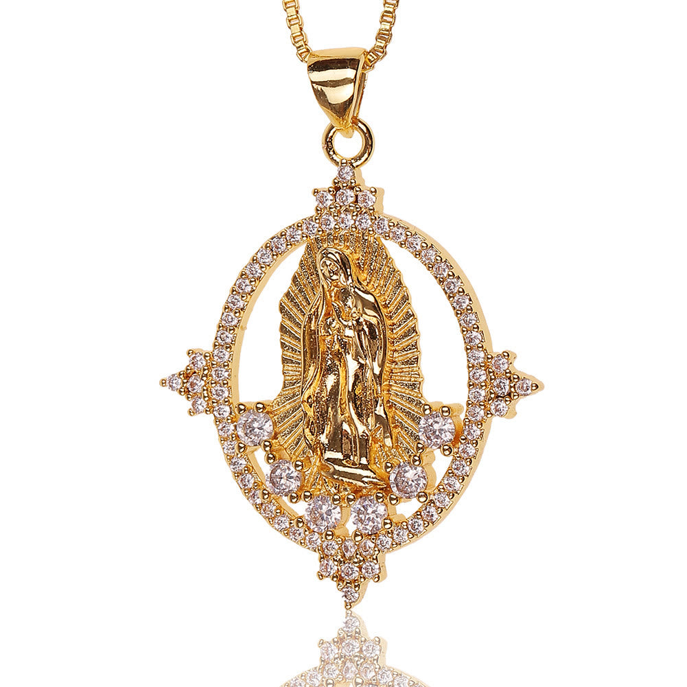 Collar con colgante de gemas de la Virgen de Guadalupe, estilo de lujo