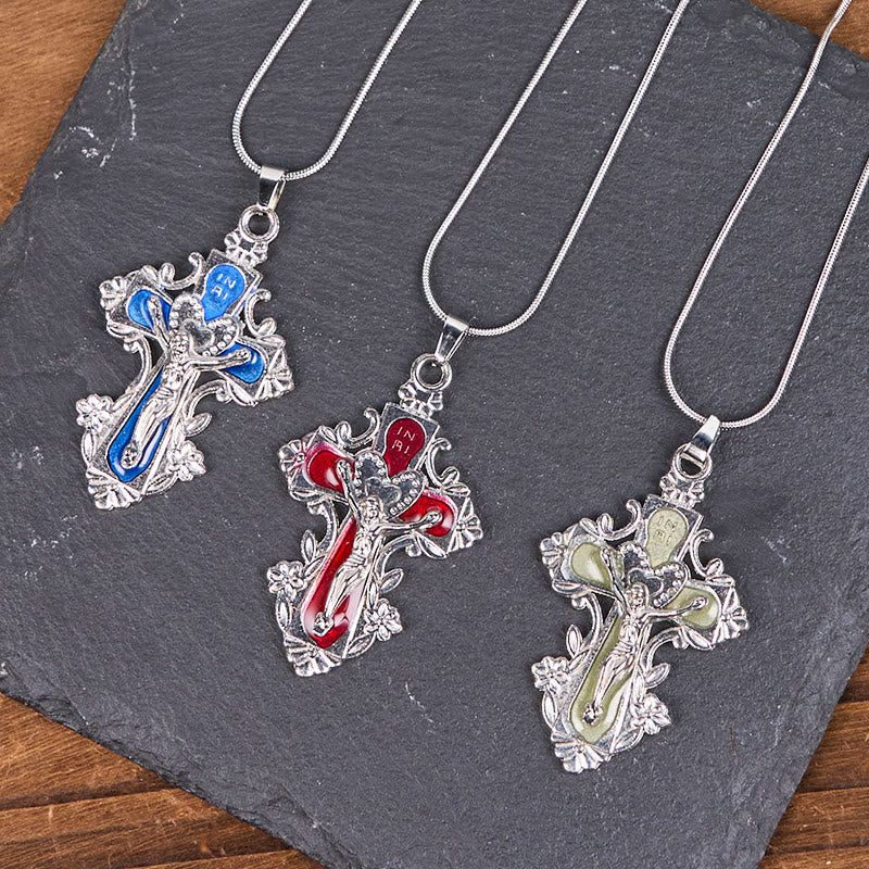 Collar con colgante de crucifijo clásico de 4 colores con cruz de Jesús