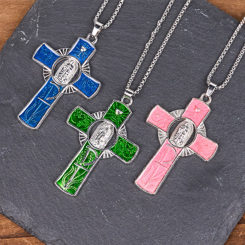 Collar con colgante de cruz de la Virgen María de Guadalupe de 6 colores