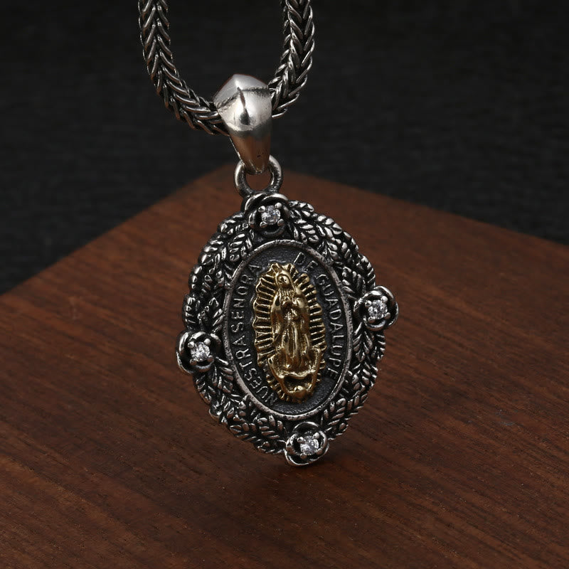 Collar con dije clásico de plata de ley de la Virgen de Guadalupe y San Miguel