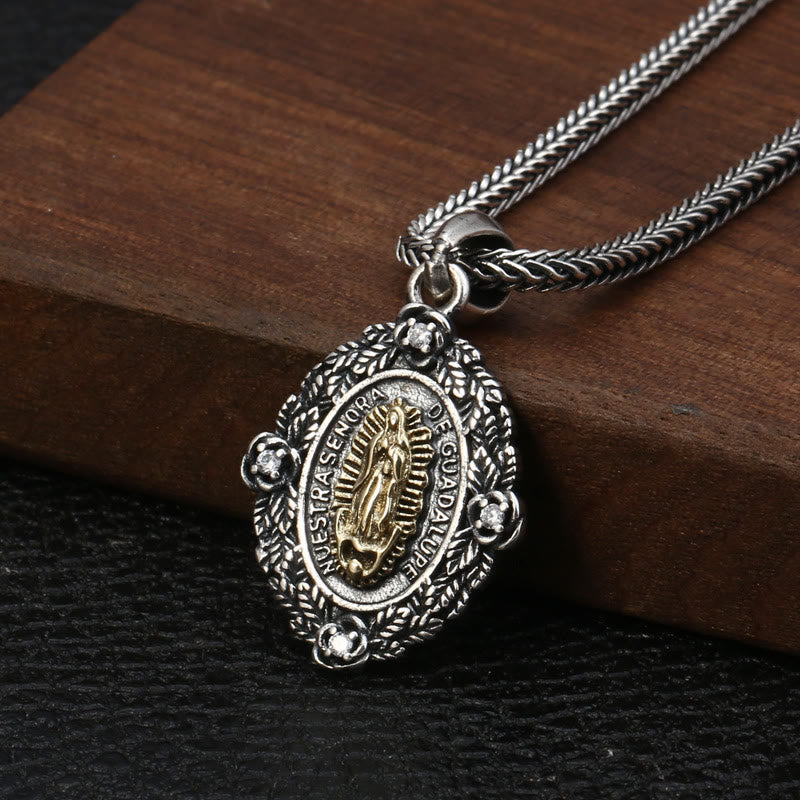 Collar con dije clásico de plata de ley de la Virgen de Guadalupe y San Miguel