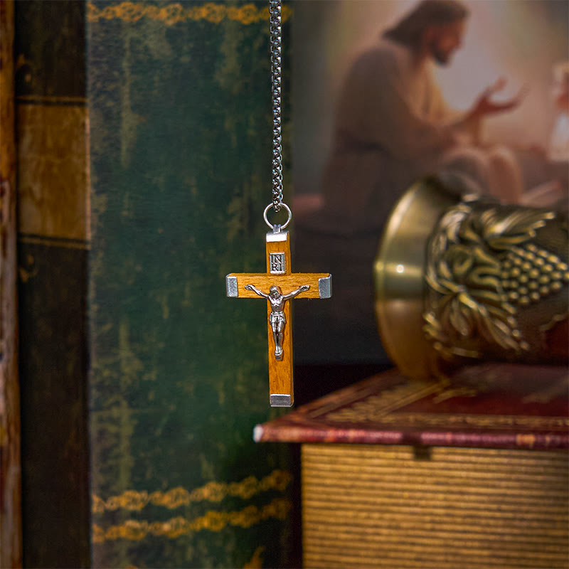 Collar con Colgante de Madera y Aleación con Crucifijo de Jesús Estilo Retro