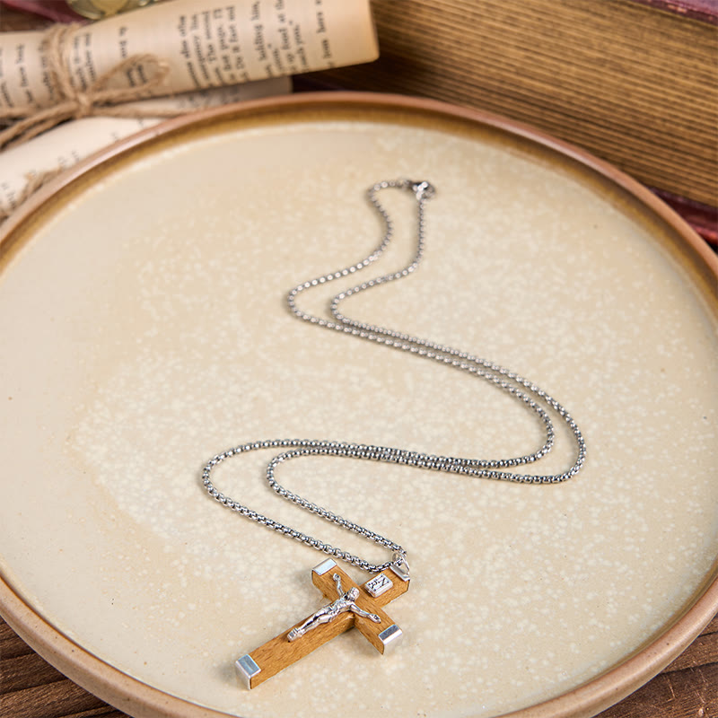 Collar con Colgante de Madera y Aleación con Crucifijo de Jesús Estilo Retro