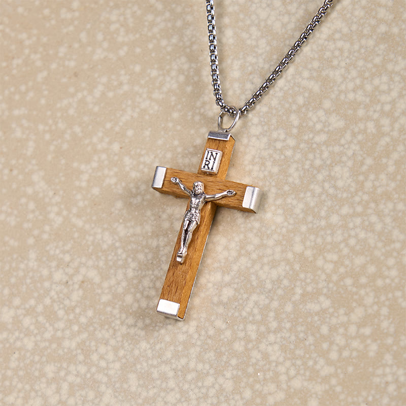 Collar con Colgante de Madera y Aleación con Crucifijo de Jesús Estilo Retro