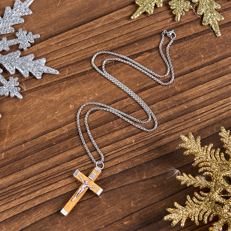 Collar con Colgante de Madera y Aleación con Crucifijo de Jesús Estilo Retro