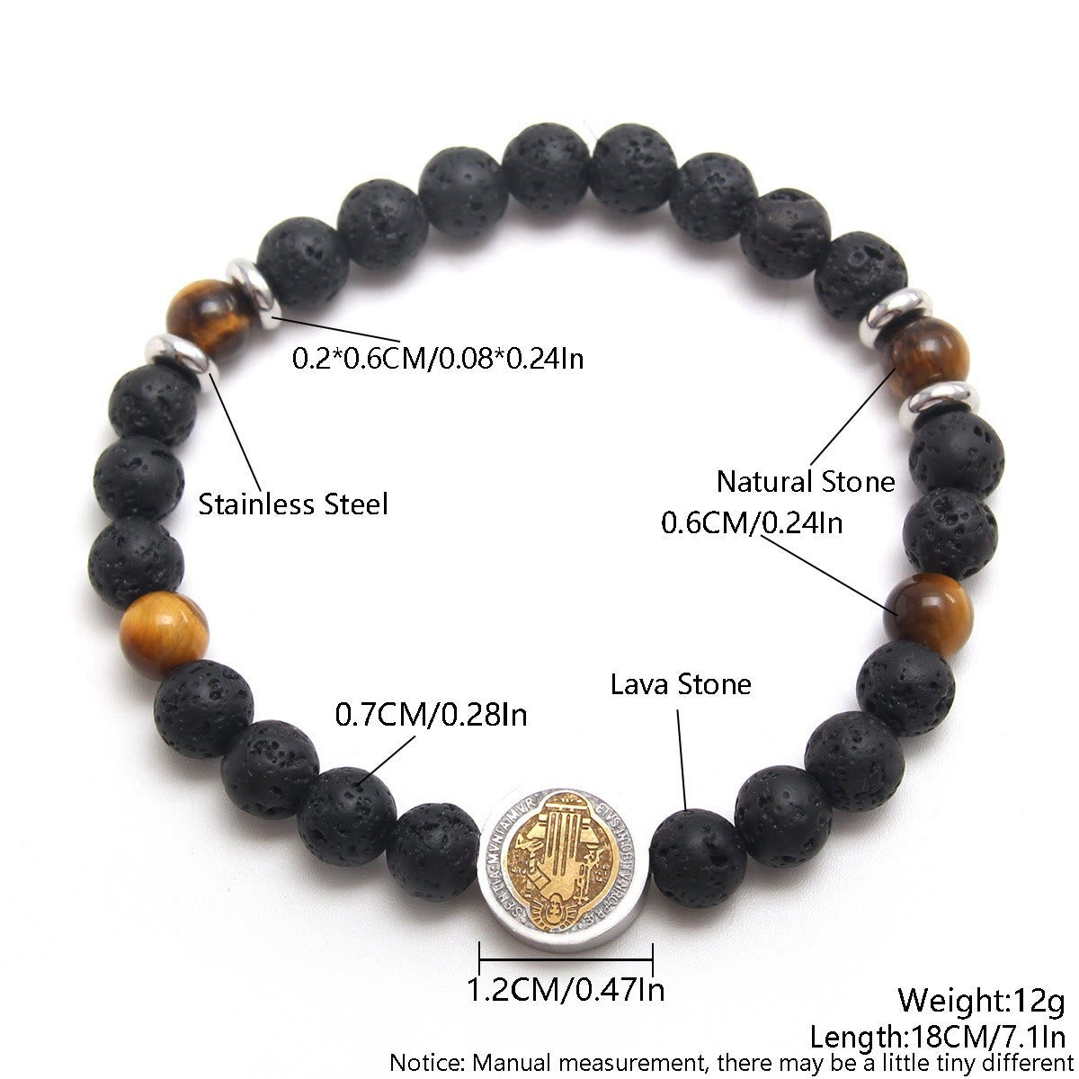 Pulsera de Piedra Volcánica y Ojo de Tigre Amarillo con San Benito