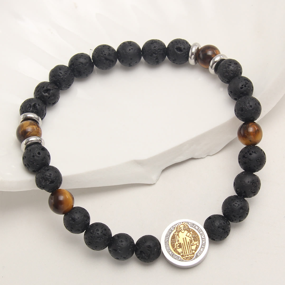 Pulsera de Piedra Volcánica y Ojo de Tigre Amarillo con San Benito