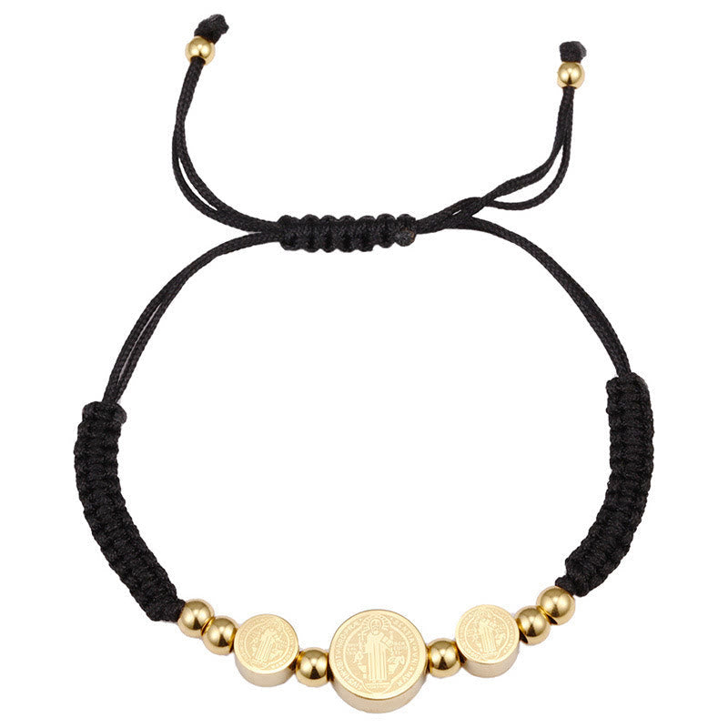 Pulsera de Cuerda Negra de San Benito con Trenzado de Acero Inoxidable