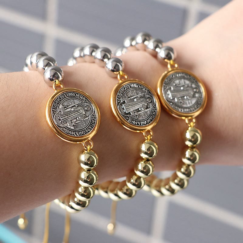 Pulsera Ajustable de Cobre con Medalla de San Benito Bicolor