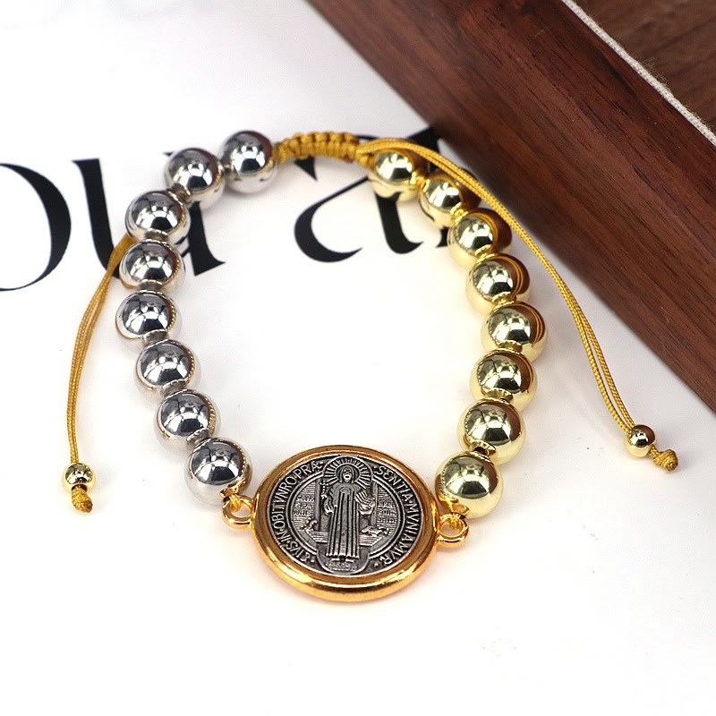 Pulsera Ajustable de Cobre con Medalla de San Benito Bicolor