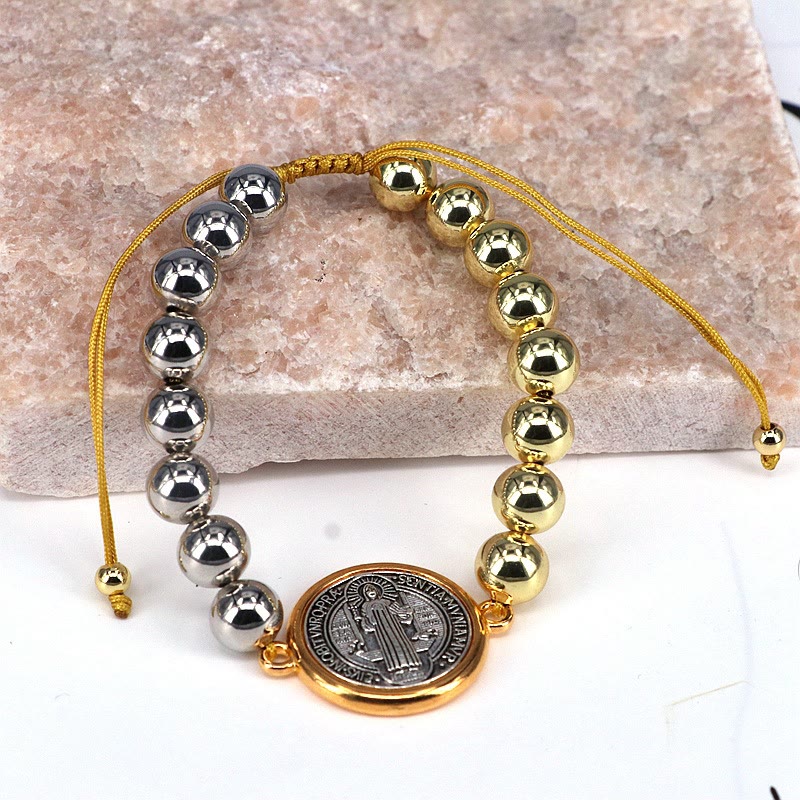 Pulsera Ajustable de Cobre con Medalla de San Benito Bicolor