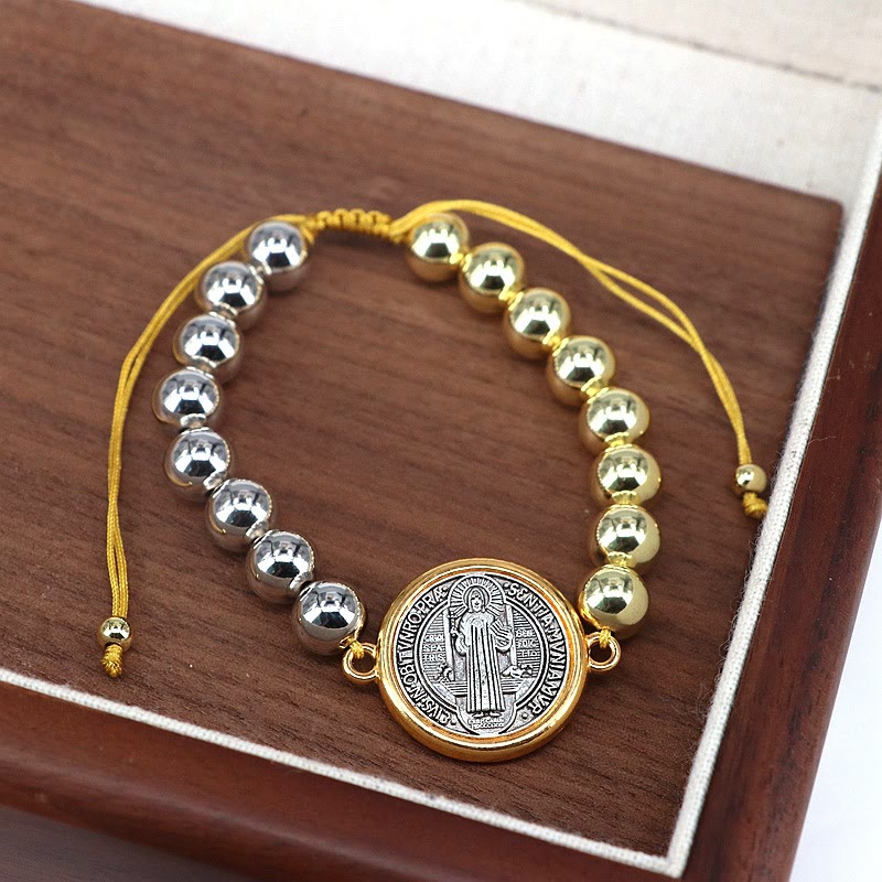 Pulsera Ajustable de Cobre con Medalla de San Benito Bicolor