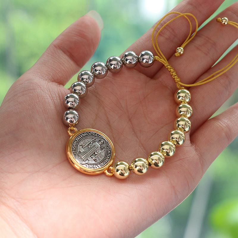 Pulsera Ajustable de Cobre con Medalla de San Benito Bicolor