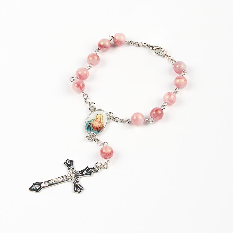 Rosario de Cadena de Aleación Rosa Redonda de 8mm del Inmaculado Corazón de María