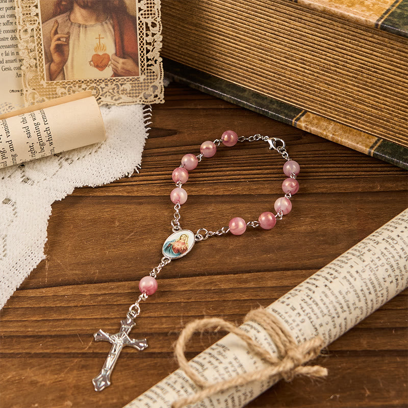 Rosario de Cadena de Aleación Rosa Redonda de 8mm del Inmaculado Corazón de María
