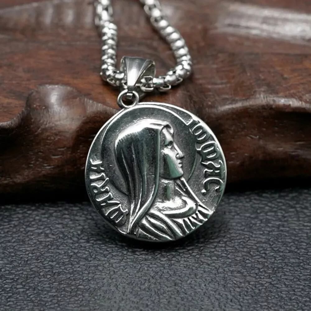 Collar con Colgante de Icono Clásico de Jesús y María a Doble Cara