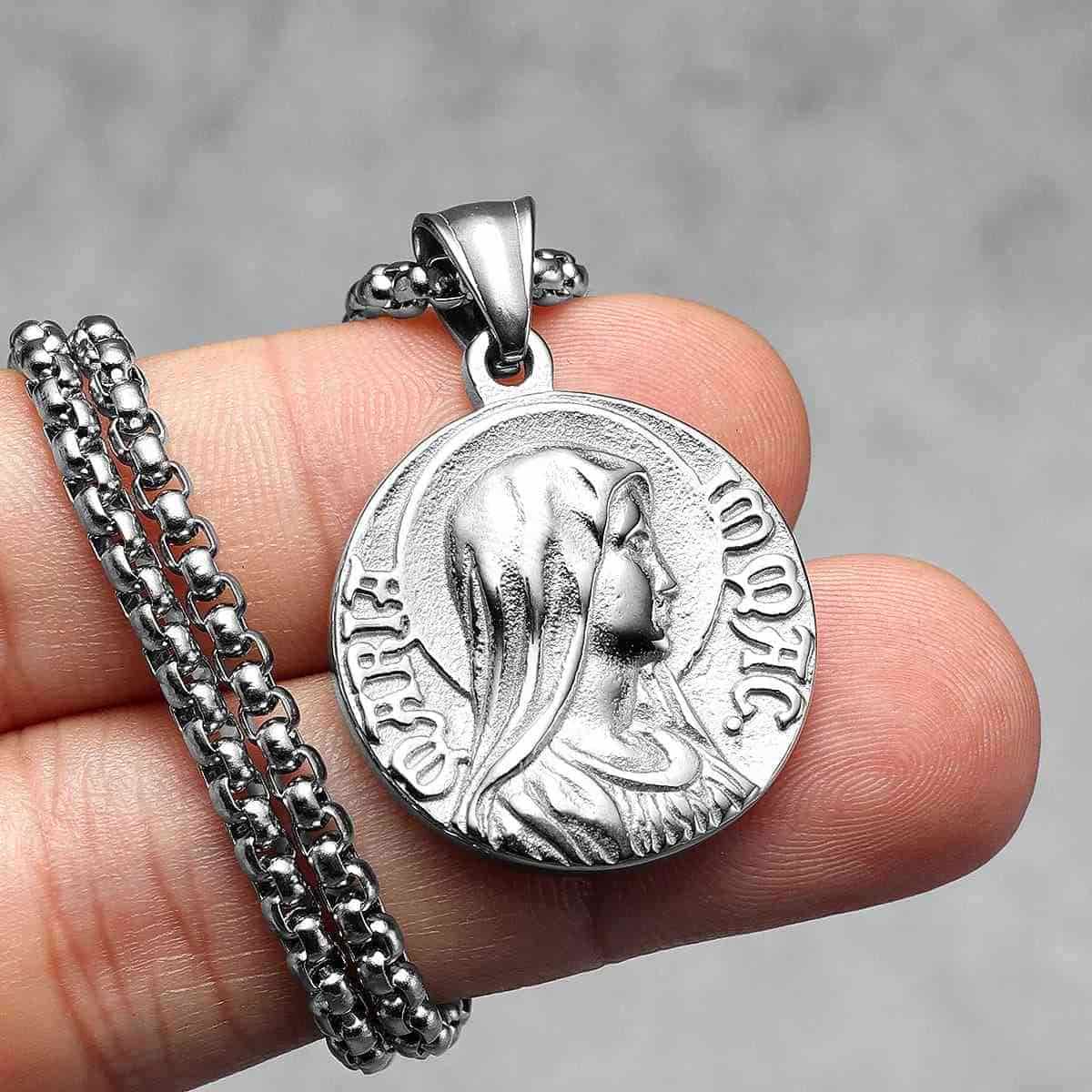 Collar con Colgante de Icono Clásico de Jesús y María a Doble Cara