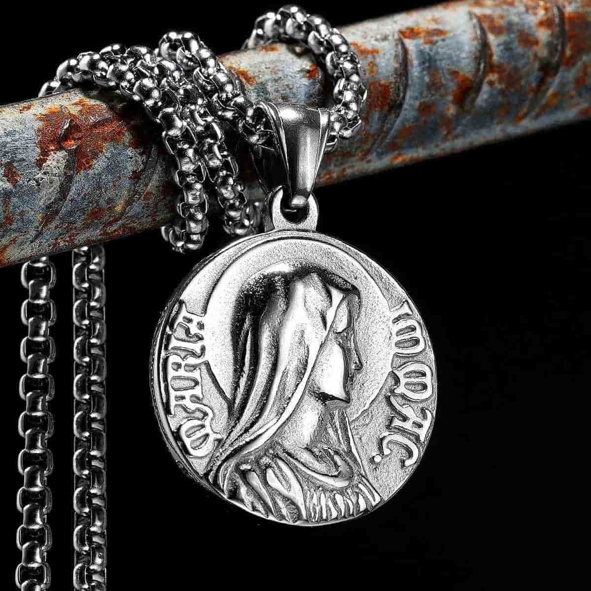 Collar con Colgante de Icono Clásico de Jesús y María a Doble Cara