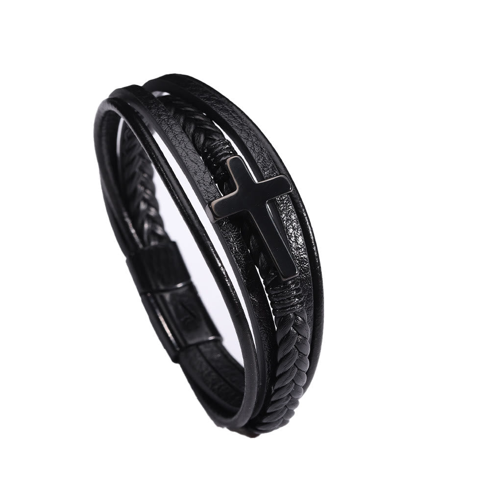 Pulsera con banda de cuero negro y cruz