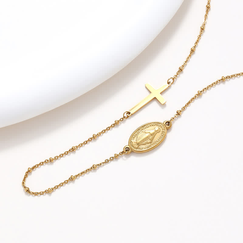 Elegante collar de medalla milagrosa y cruz sencillas en tono dorado