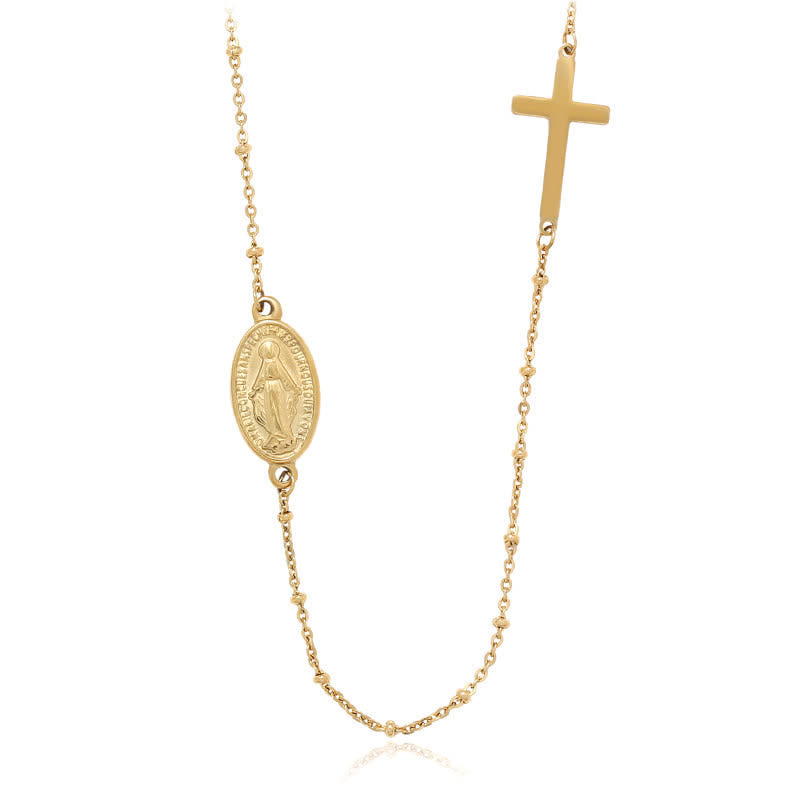 Elegante collar de medalla milagrosa y cruz sencillas en tono dorado