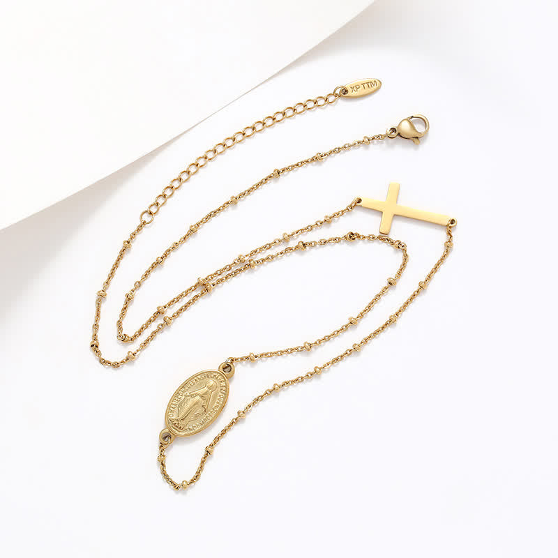 Elegante collar de medalla milagrosa y cruz sencillas en tono dorado