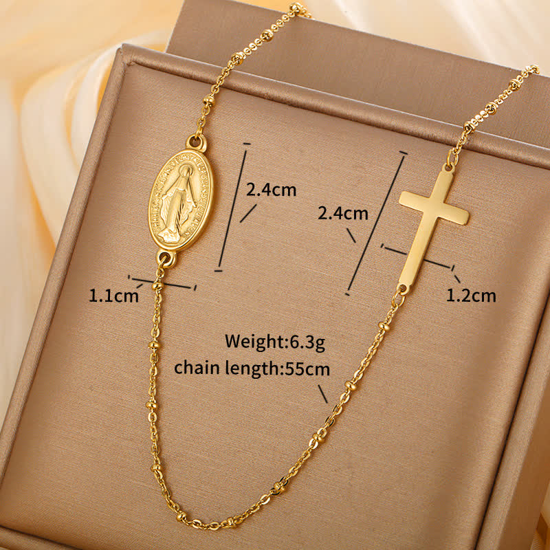 Elegante collar de medalla milagrosa y cruz sencillas en tono dorado