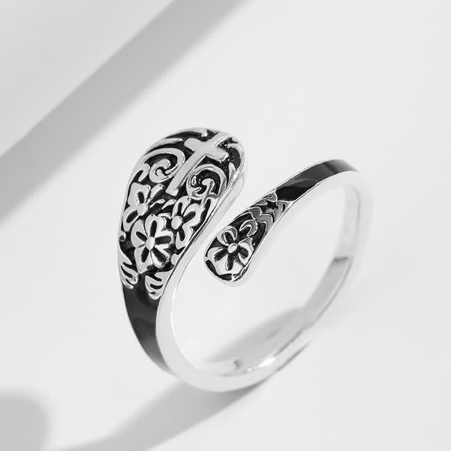 Anillo Ajustable de Plata de Ley 925 Grabado con Cruz - Elegancia en Devoción