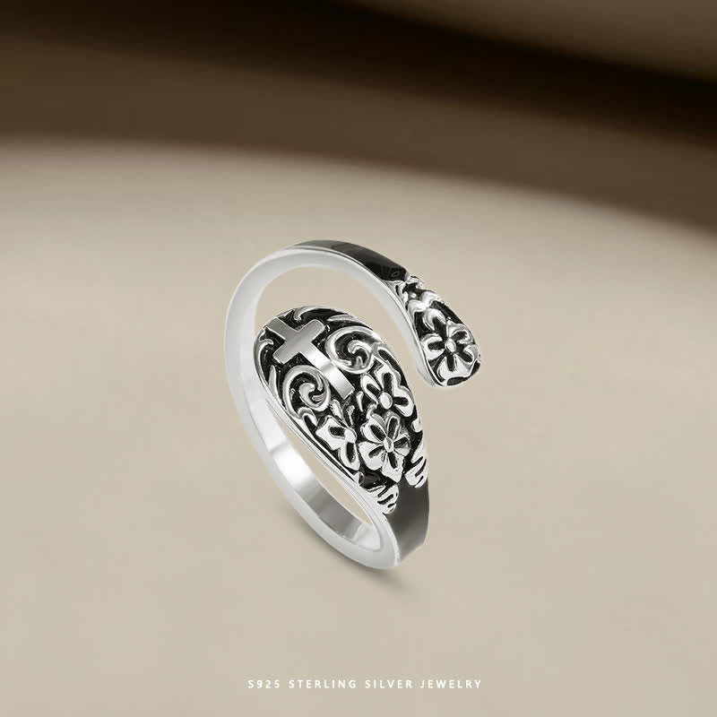 Anillo Ajustable de Plata de Ley 925 Grabado con Cruz - Elegancia en Devoción