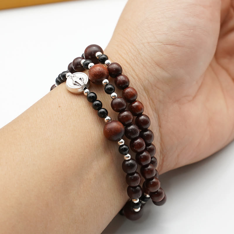 Pulsera elástica de palo de rosa de 6mm con tres círculos y cuentas de rosario divinas