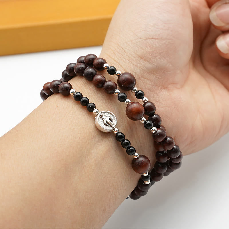 Pulsera elástica de palo de rosa de 6mm con tres círculos y cuentas de rosario divinas