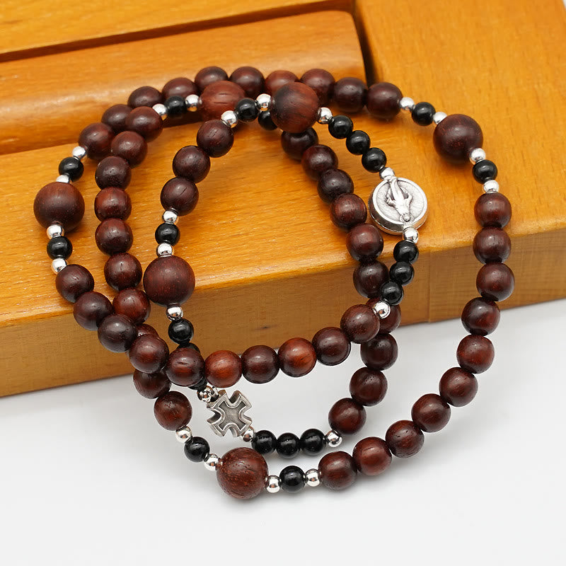 Pulsera elástica de palo de rosa de 6mm con tres círculos y cuentas de rosario divinas