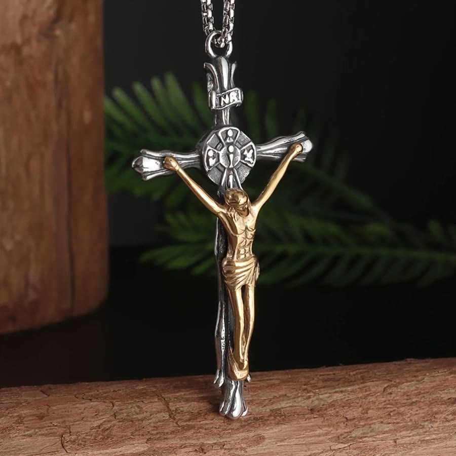 Collar de crucifijo de acero bicolor - El sacrificio divino