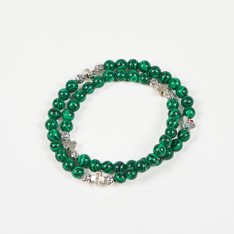 Cuentas de malaquita verde cruzadas I Love Jesus Pulsera de rosario de fe