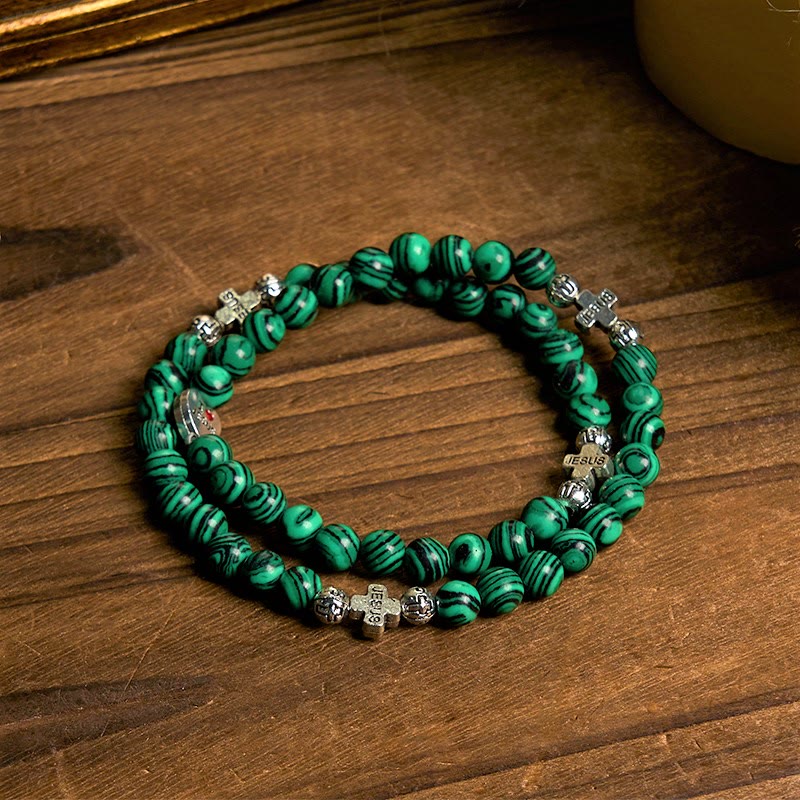 Cuentas de malaquita verde cruzadas I Love Jesus Pulsera de rosario de fe