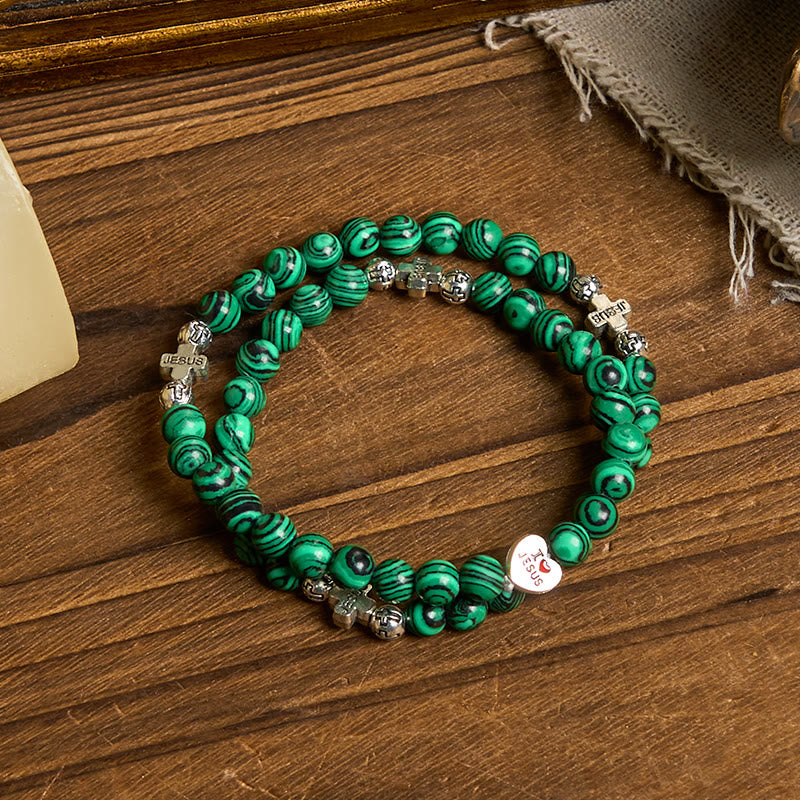 Cuentas de malaquita verde cruzadas I Love Jesus Pulsera de rosario de fe