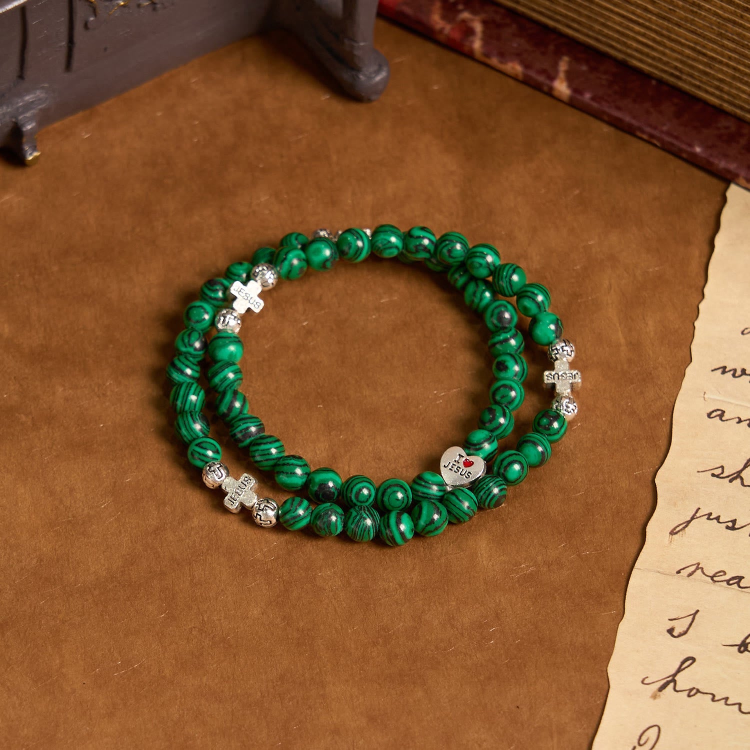 Cuentas de malaquita verde cruzadas I Love Jesus Pulsera de rosario de fe