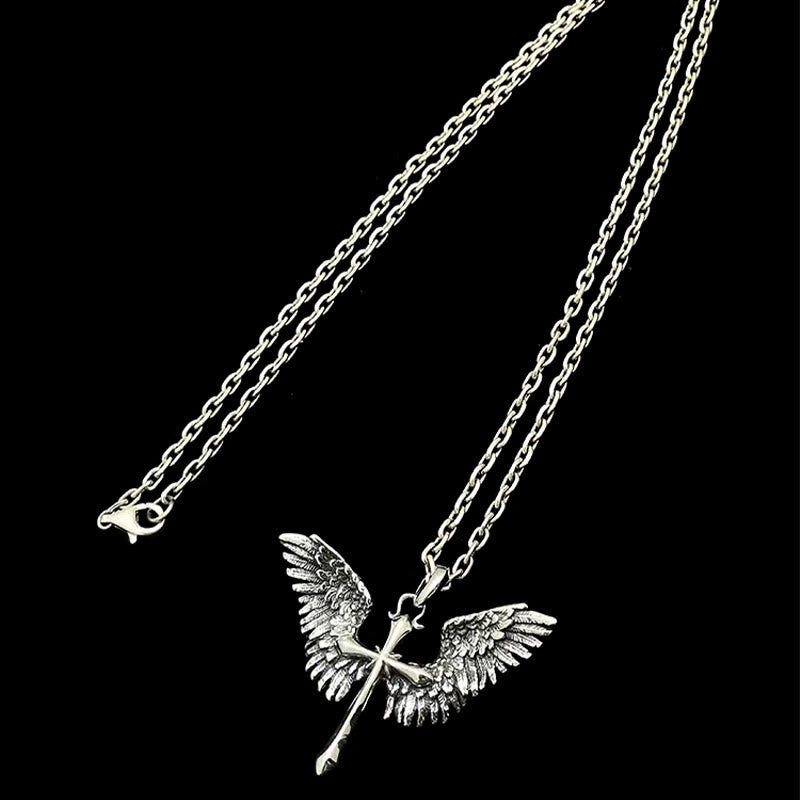 Collar con alas y cruz de plata de ley 925, vintage y clásico: una mezcla de encanto retro y gracia divina